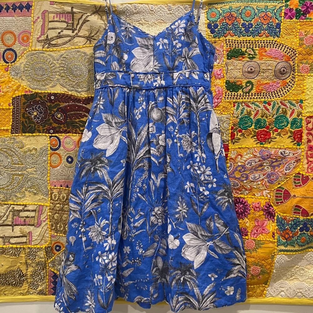 J Crew Spaghetti Strap Beachy Floral Cotton and Linen Dress with Pockets Size 4